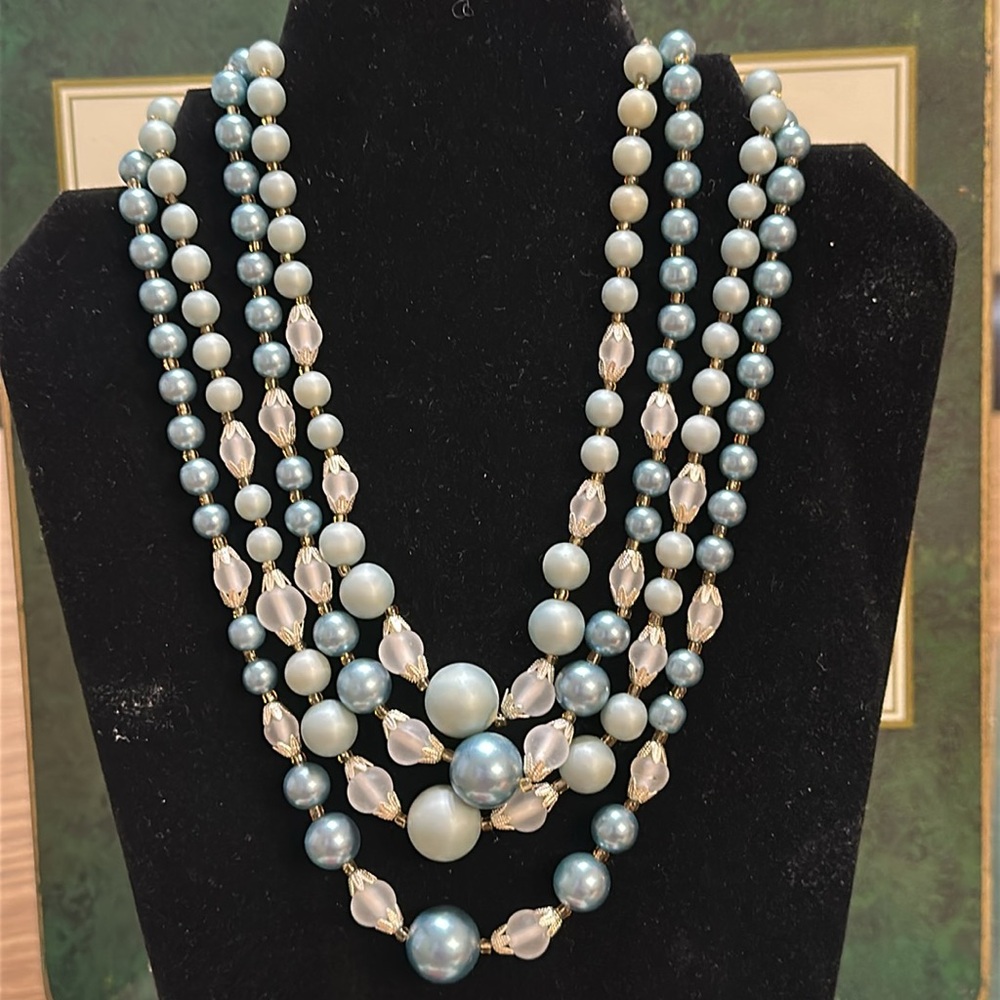Japan 4 strand Aqua & Frosted glass Beaded Necklace w/AB bead separators